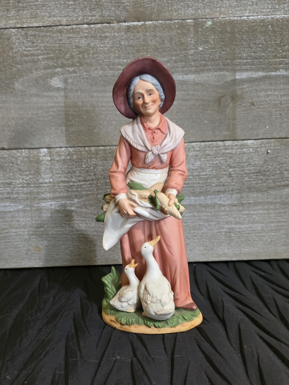 Homco Hand-Painted Figurine of Woman with Geese - Pink, White, Green. #1477